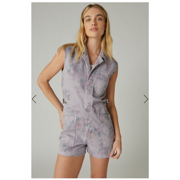 NEW Lucky Brand Laura Ashley Coverall Shorts Romper Denim Womens Large - Picture 1 of 5